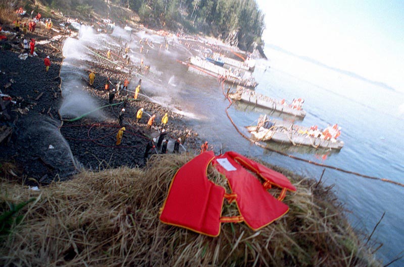 A cleanup effort after the Exxon Valdez oil spill. 