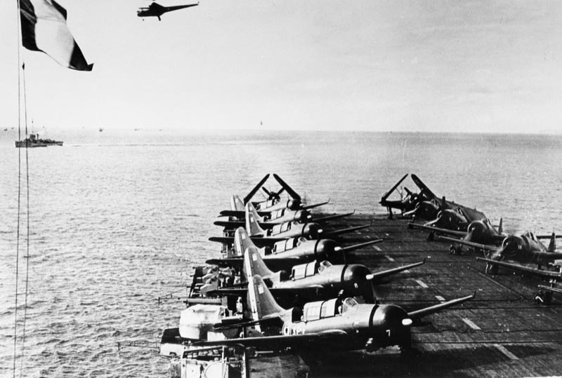 The flight deck of the French aircraft carrier, Arromanches, during the French Indochina war. 