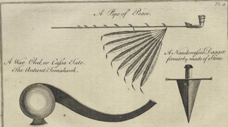 Pipe of peace and two forms of native weapon. From Travels through North America by J. Carver.