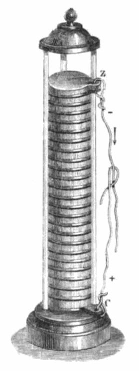 Drawing of Allesandro Volta's voltaic pile, the first electric battery.