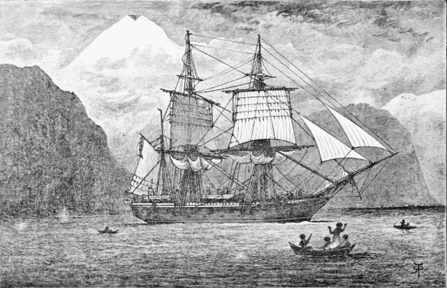 HMS Beagle in the Straits of Magellan, reproduced from the frontispiece of Journal of researches into the natural history and geology of the various countries visited by H.M.S. Beagle (1890)
