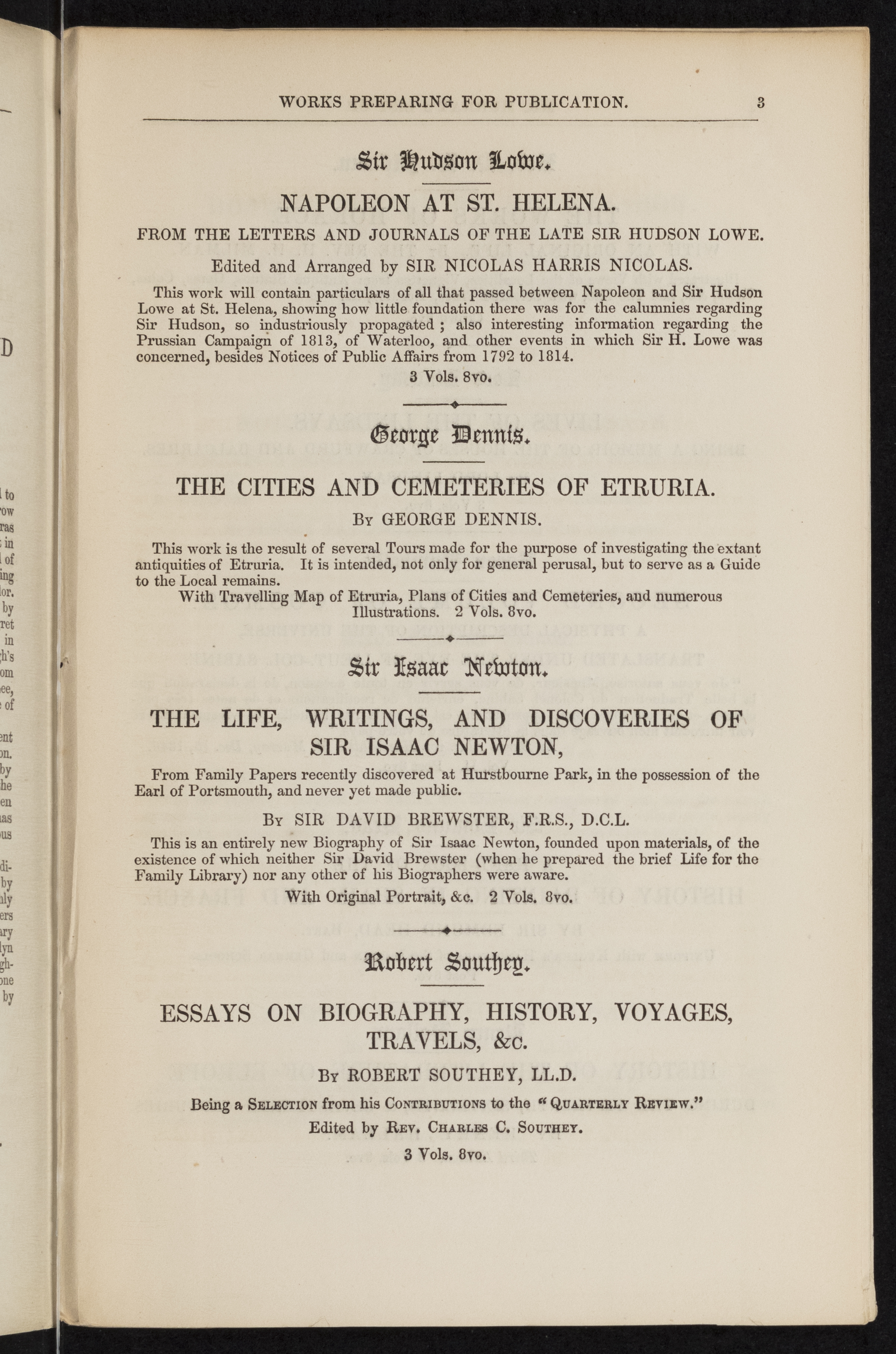 Advertisement for Brewster's Memoirs of the Life, Writings and Discoveries of Sir Isaac Newton