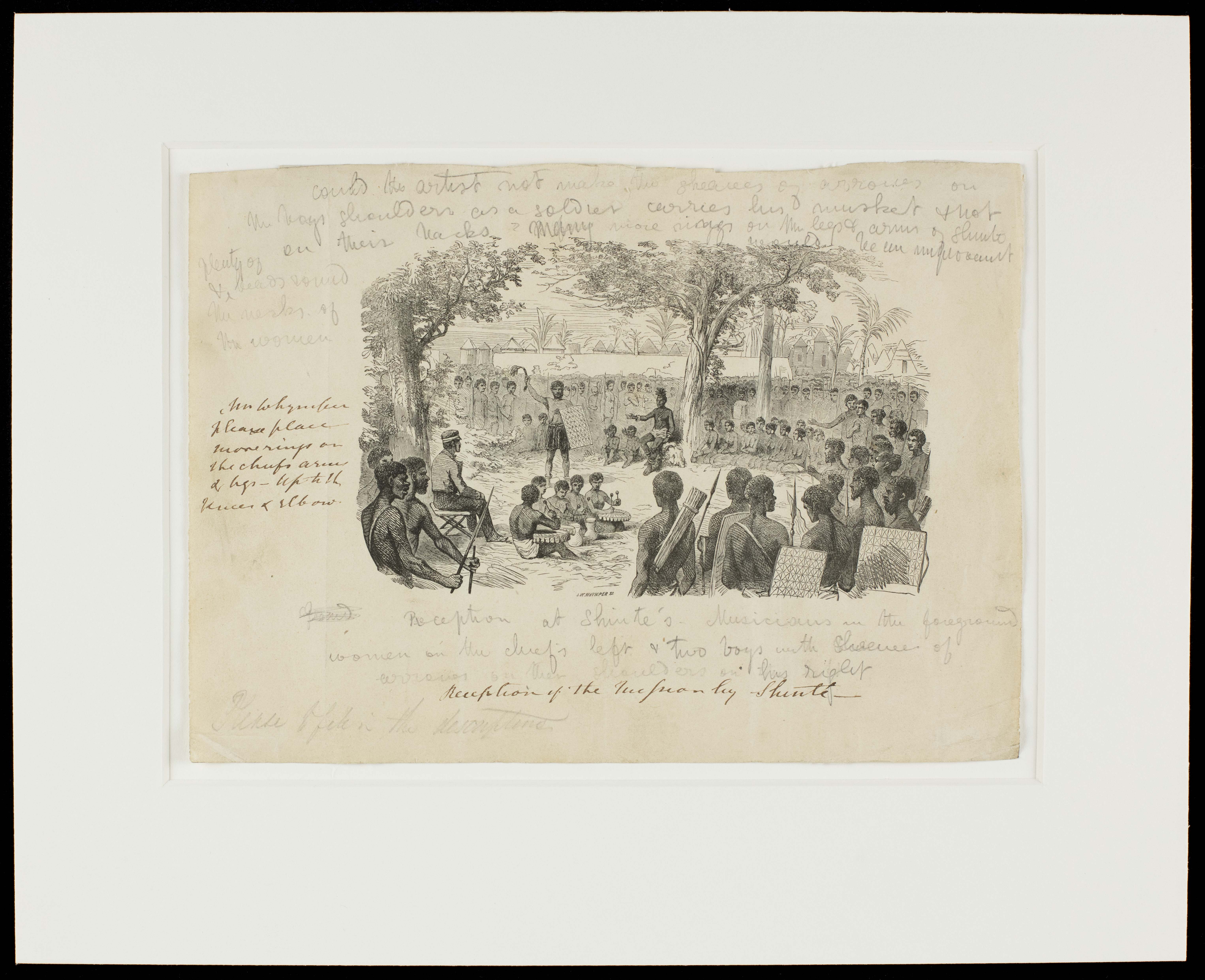 Marked proof engraving, "Reception of the mission by Shinte", an illustration for Missionary Travels and Researches in South Africa by David Livingstone
