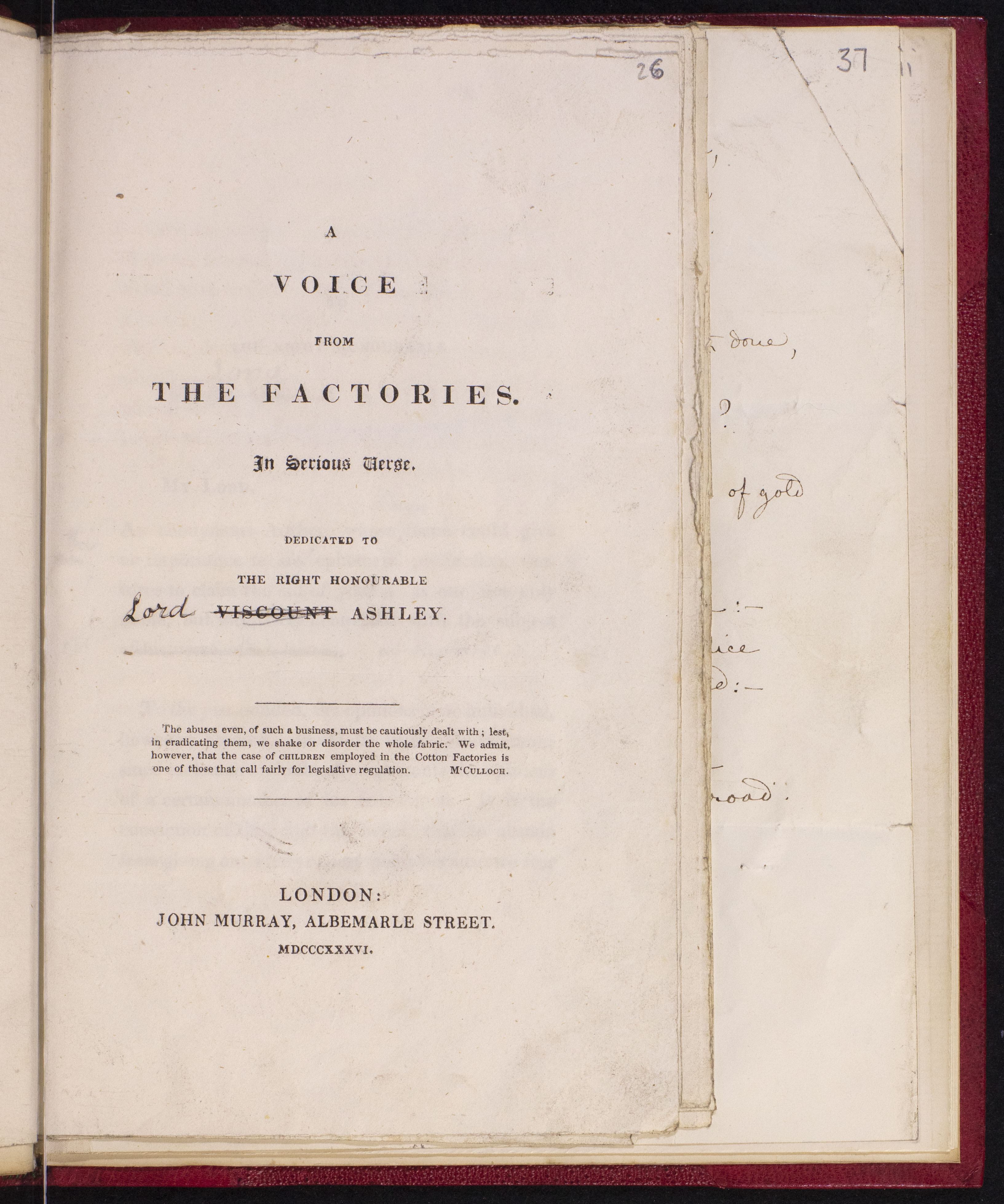 Marked proof of Caroline Norton's A Voice from the Factories (1836)