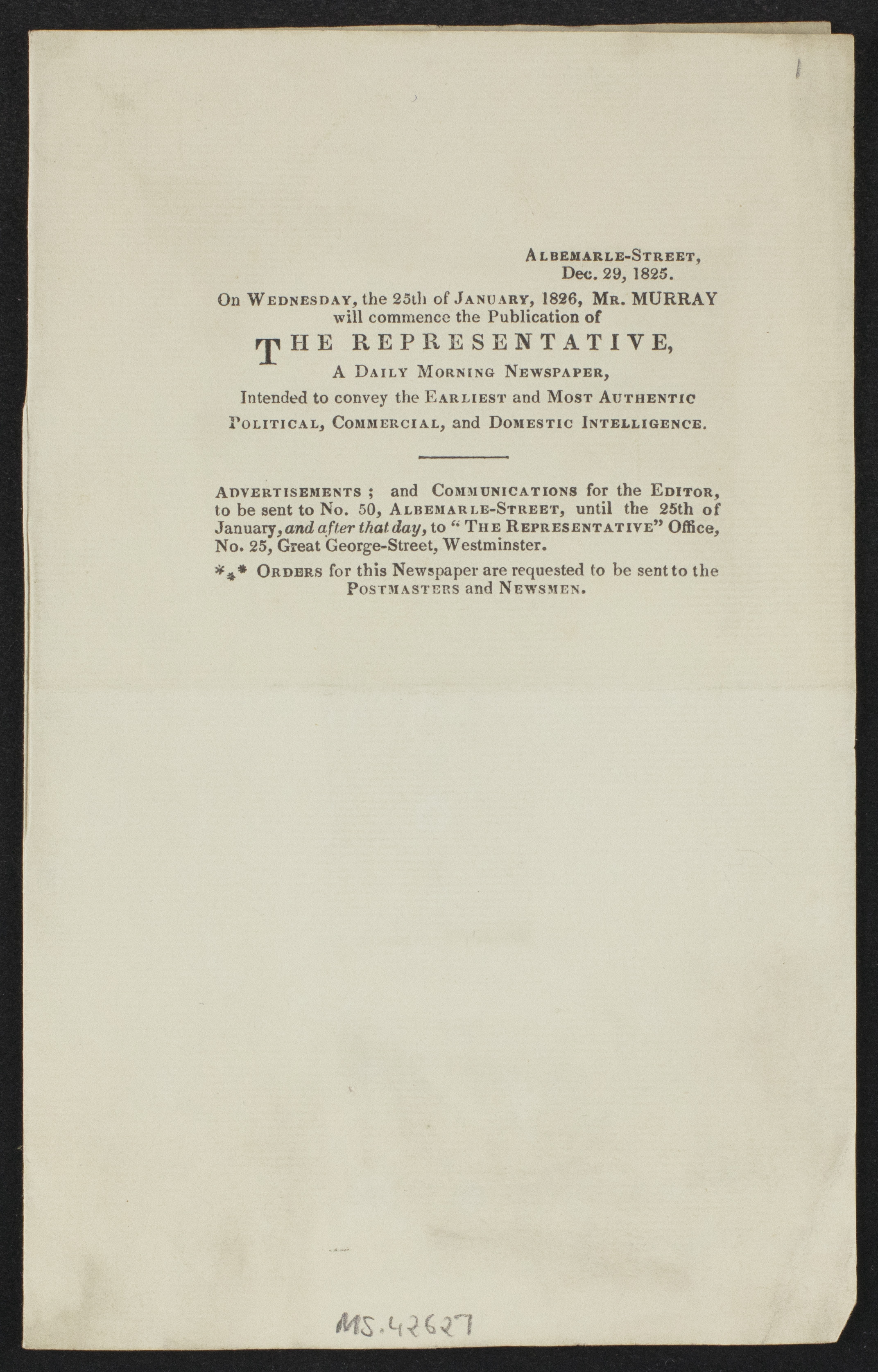 Proof of an advertisement for The Representative (1826)