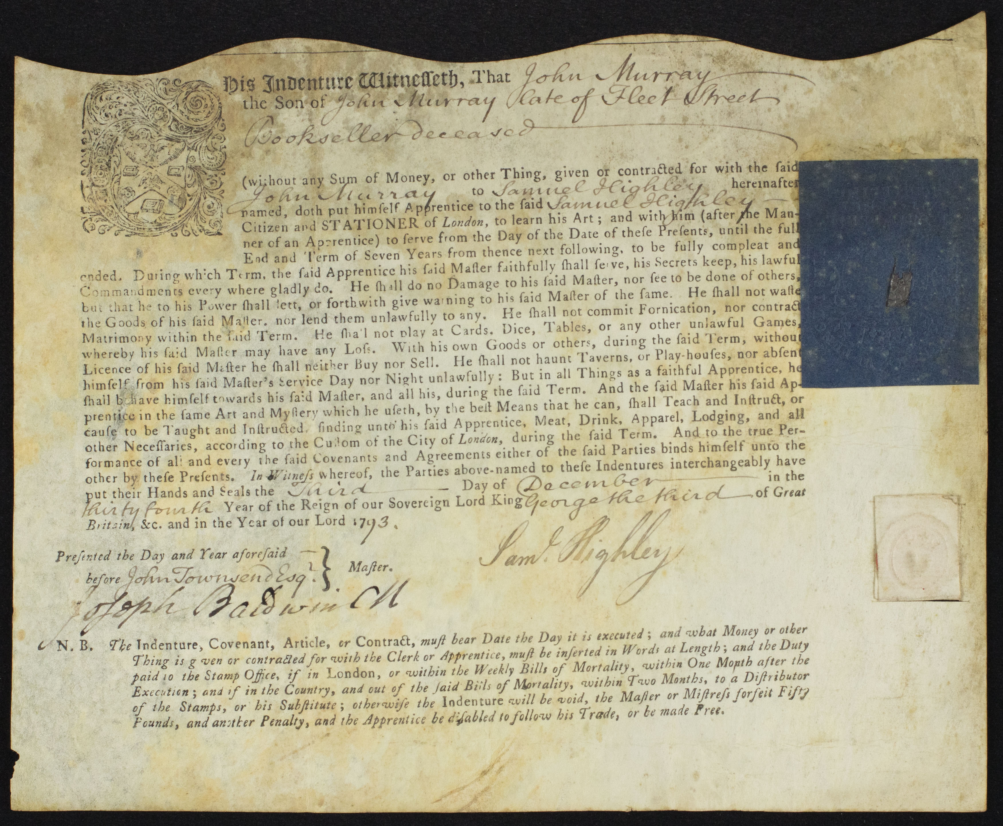 Indenture, contracting John Murray II in apprenticeship to Samuel Highley (1793)