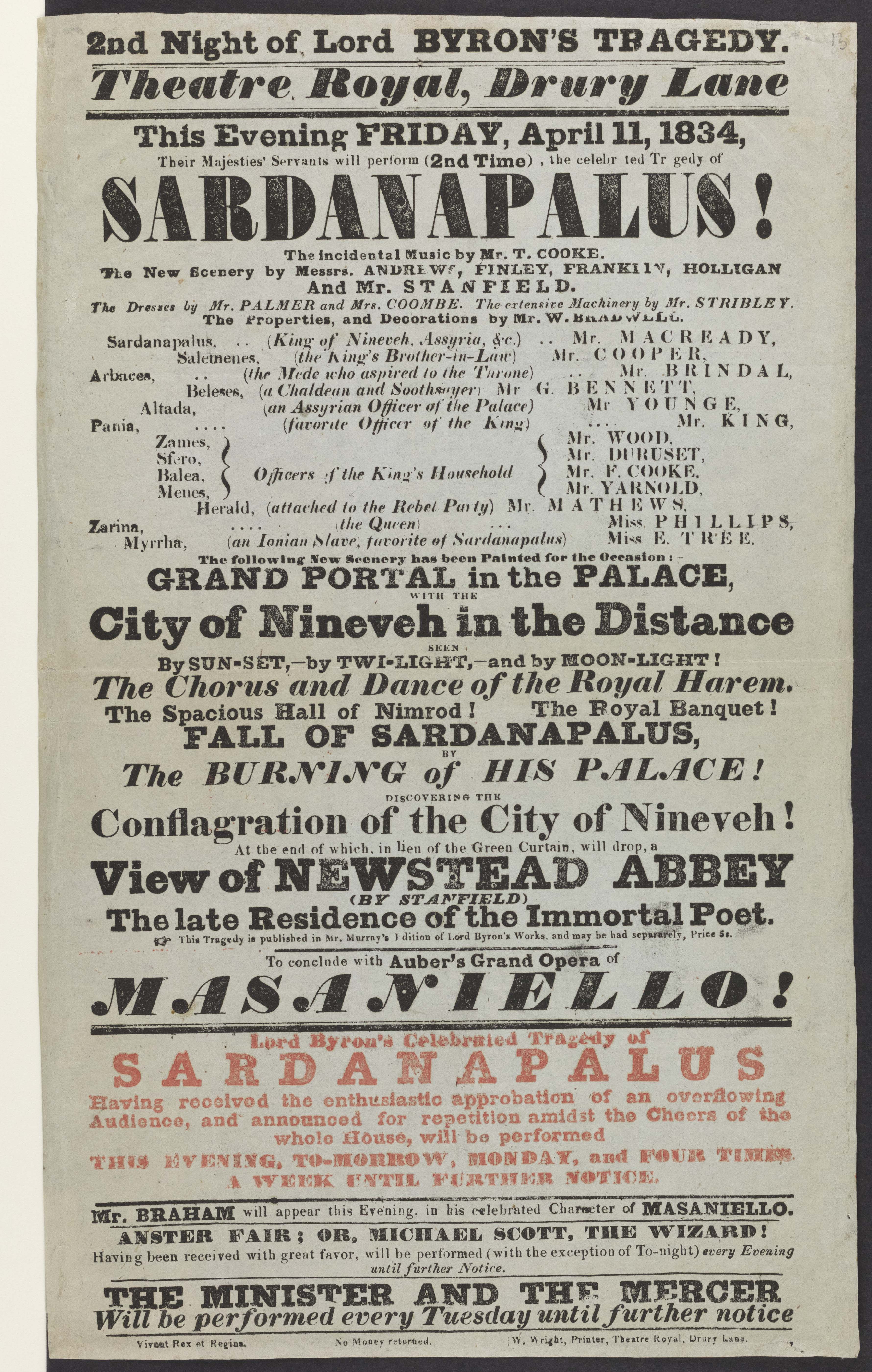 Playbill advertising a performance of Byron's Sardanapalus at the Drury Lane Theatre in London (1834)