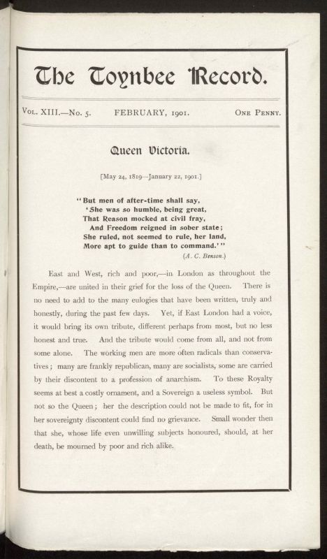 Queen Victoria obituary, The Toynbee Record