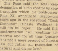 Newspaper article reporting on Casti connubii, released by Pope Pius. 
