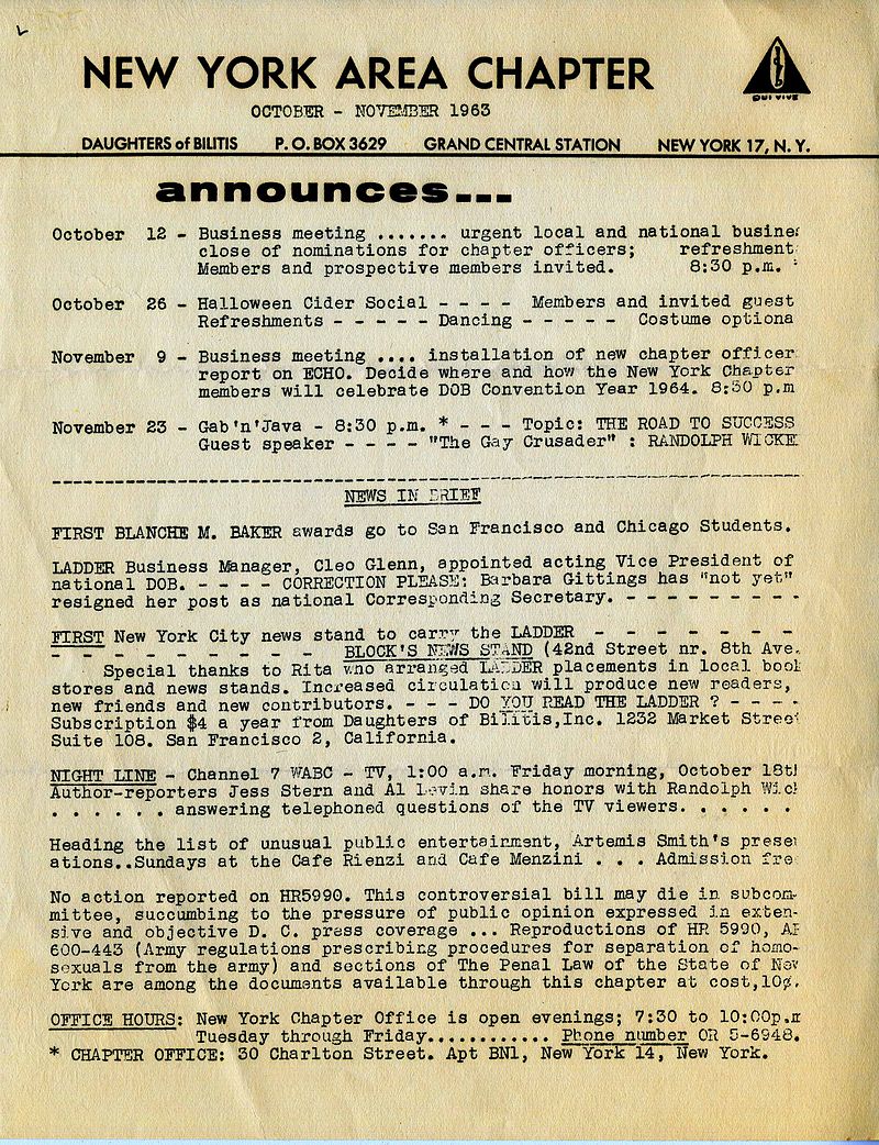 Daughters of Bilitis Newsletter, 1963.