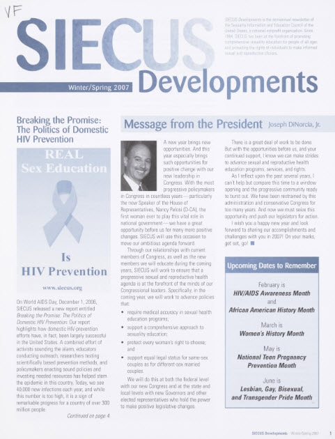 Winter/Spring 2007 front cover of SIECUS Devlopments.
