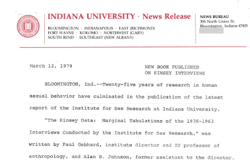 Indiana University News Release for the 'The Kinsey Data: Marginal tabulations of the 1938-1963 interviews conducted by The Institute for Sex Research'.