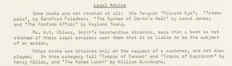 Legal advice on aquisition of banned texts, including Tropic of Capricorn.